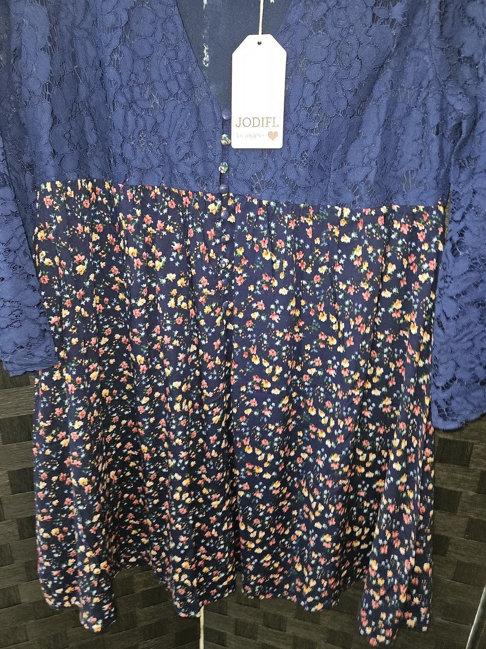 JODIFL NWT Navy Blue Lace Top Floral Dress with Bell Sleeves